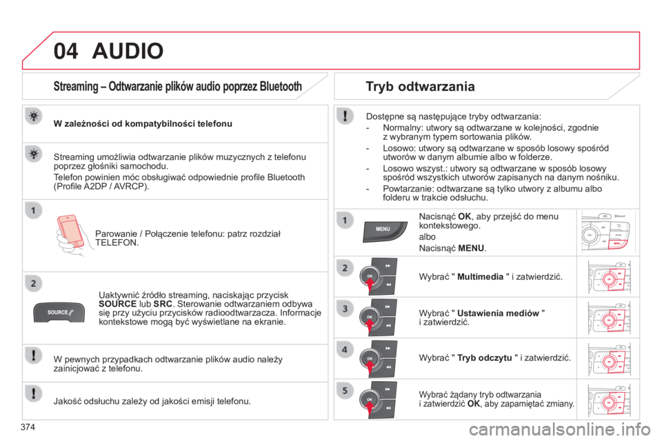 CITROEN C4 2015 Instrukcja obsługi (in Polish) 04
374
c4-2_pl_chap13c_rD5_ed01-2015
c4-2_pl_chap13c_rD5_ed01-2015
AUDIO
Streaming – Odtwarzanie plików audio poprzez Bluetooth
W zależności od kompatybilności telefonuParowanie / Połączenie t CITROEN C4 2015 Instrukcja obsługi (in Polish) 04
374
c4-2_pl_chap13c_rD5_ed01-2015
c4-2_pl_chap13c_rD5_ed01-2015
AUDIO
Streaming – Odtwarzanie plików audio poprzez Bluetooth
W zależności od kompatybilności telefonuParowanie / Połączenie t