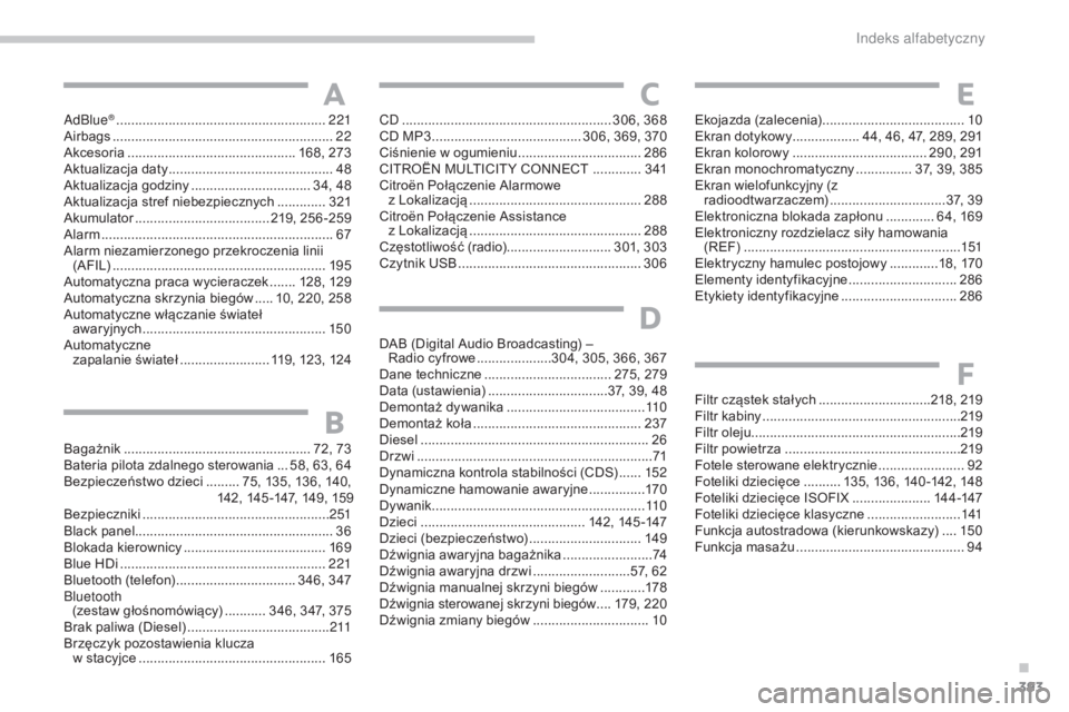 CITROEN C4 2015 Instrukcja obsługi (in Polish) 393
c4-2_pl_ chap14_index-alpha_ed01-2015
c 4-2_pl_ chap14_index-alpha_ed01-2015
AdBlue® ............................... .........................221air
bags ............... ......................... CITROEN C4 2015 Instrukcja obsługi (in Polish) 393
c4-2_pl_ chap14_index-alpha_ed01-2015
c 4-2_pl_ chap14_index-alpha_ed01-2015
AdBlue® ............................... .........................221air
bags ............... .........................