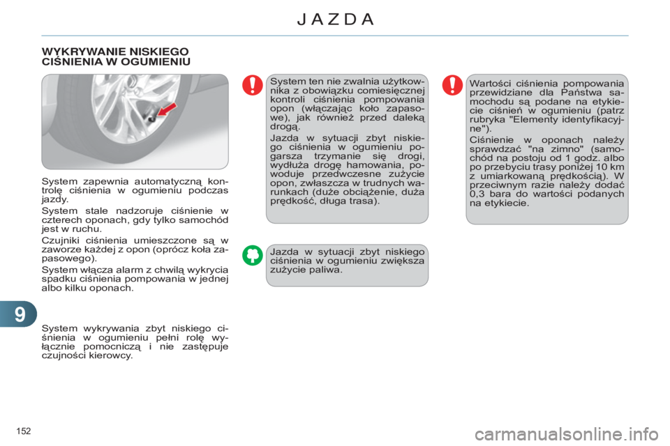 CITROEN C4 2014  Instrukcja obsługi (in Polish) 99
152 
C4-2_pl_Chap09_conduite_ed01-2014
WYKRYWANIE NISKIEgO CIŚNIENIA W   O gu MIENI u
system  zapewnia  automatyczną  kon-
trolę  ciśnienia  w  ogumieniu  podczas 
jazdy.
s

ystem  stale  nadzo
