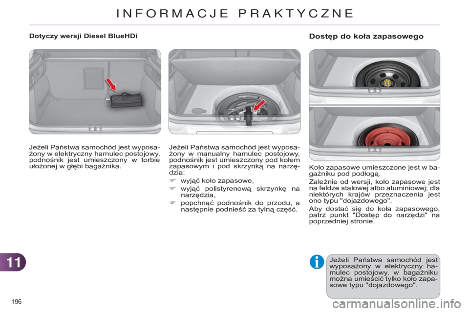 CITROEN C4 2014 Instrukcja obsługi (in Polish) 1111
196
c4-2_pl_chap11_info-pratique_ed01-2014
Dostęp do koła zapasowego
koło zapasowe umieszczone jest w ba-
gażniku pod podłogą.
Zależnie
od wersji, koło zapasowe jest
na feldze stal CITROEN C4 2014 Instrukcja obsługi (in Polish) 1111
196
c4-2_pl_chap11_info-pratique_ed01-2014
Dostęp do koła zapasowego
koło zapasowe umieszczone jest w ba-
gażniku pod podłogą.
Zależnie
od wersji, koło zapasowe jest
na feldze stal
