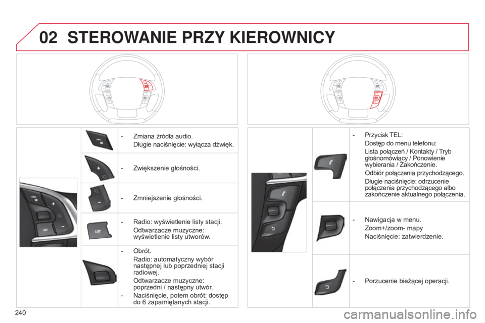 CITROEN C4 2014  Instrukcja obsługi (in Polish) 02
240
c4-2_pl_chap13b_rt6_ed01-2014
STEROWANIE PRZY KIEROWNICY
- Zmiana źródła audio.
 Długie naciśnięcie: wyłącza dźwięk.
-

 
Zwiększenie głośności.
-

 
Zmniejszenie głośności.
-
