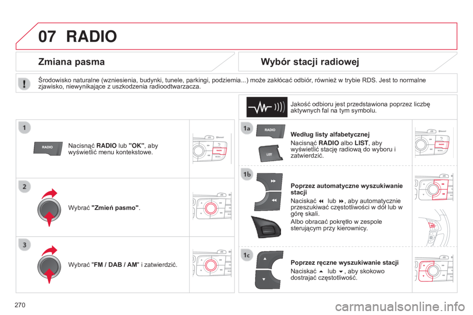 CITROEN C4 2014  Instrukcja obsługi (in Polish) 07
270
c4-2_pl_chap13b_rt6_ed01-2014
RADIO
Według listy alfabetycznej
n
acisnąć  RADIO albo LIST, aby 
wyświetlić stację radiową do wyboru i 
zatwierdzić.
Poprzez automatyczne wyszukiwanie 
st
