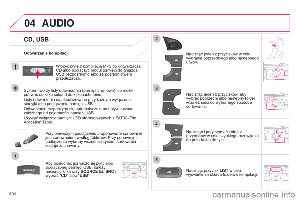 CITROEN C4 2014  Instrukcja obsługi (in Polish) 04
304
c4-2_pl_chap13c_rD5_ed01-2014
CD, USB
AUDIO
Odtwarzanie kompilacjiWłożyć płytę z kompilacją MP3   do odtwarzacza 
c

D albo podłączyć moduł pamięci do gniazda 
usb

 bezpośrednio al