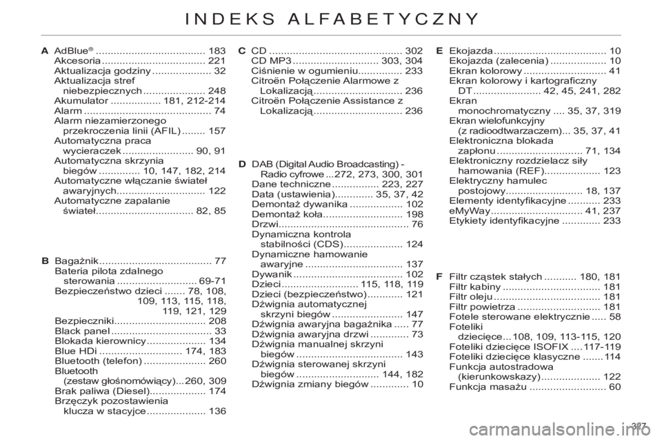 CITROEN C4 2014  Instrukcja obsługi (in Polish) 327 
c4-2_pl_chap14_index-alpha_ed01-2014
adblue® ..................................... 183a
kcesoria  ................................... 221a

ktualizacja godziny  
.................... 32a

ktuali
