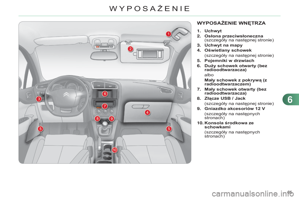 CITROEN C4 2014  Instrukcja obsługi (in Polish) 95 
c4-2_pl_chap06_amenagement_ed01-2014
WYPOSAŻENIE WNęTrZA
1. u chwyt
2.  
Osłona przeciwsłoneczna
  
(szczegóły na następnej stronie)
3.
 u
chwyt na mapy
4.
 
Oświetlany schowek
  
 (szczeg