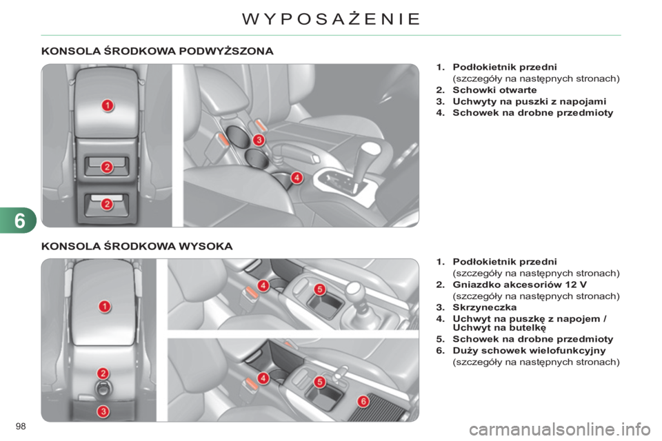 CITROEN C4 2014  Instrukcja obsługi (in Polish) 98 
c4-2_pl_chap06_amenagement_ed01-2014
KONSOLA Ś r ODKOWA  PODWYŻSZONA
1. Podłokietnik przedni
 (szczegóły na następnych stronach)
2.

 
Schowki otwarte
3.

 u
chwyty na puszki z napojami
4.
 