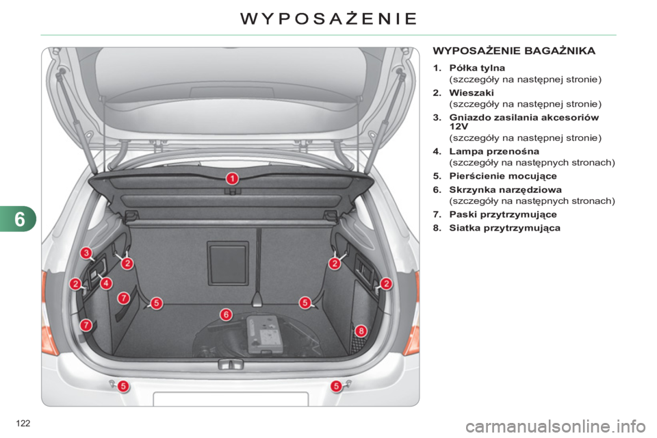 CITROEN C4 2013  Instrukcja obsługi (in Polish) 6
122 
WYPOSAŻENIE BAGAŻNIKA 
 
 
 
1. 
  Półka tylna 
 
 
 (szczegóły na następnej stronie) 
   
2. 
  Wieszaki 
 
 
 (szczegóły na następnej stronie) 
   
3. 
  Gniazdo zasilania akcesori