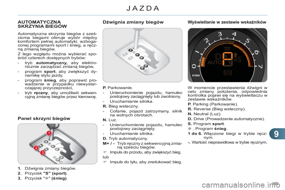 CITROEN C4 2013  Instrukcja obsługi (in Polish) 9
JAZDA
159 
AUTOMATYCZNA SKRZYNIA BIEGÓW 
  Automatyczna skrzynia biegów z sześ-
cioma biegami oferuje wybór między 
komfortem pełnej automatyki, wzboga-
conej programami sport i śnieg, a ręc