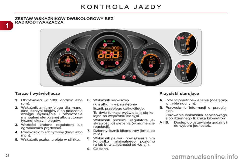 CITROEN C4 2013  Instrukcja obsługi (in Polish) 1
28 
ZESTAW WSKAŹNIKÓW DWUKOLOROWY BEZ 
RADIOODTWARZACZA 
   
Tarcze i w
yświetlacze 
 
 
 
1. 
  Obrotomierz (x 1000 obr/min albo 
rpm). 
   
2. 
 Wskaźnik zmiany biegu dla manu-
alnej skrzyni b