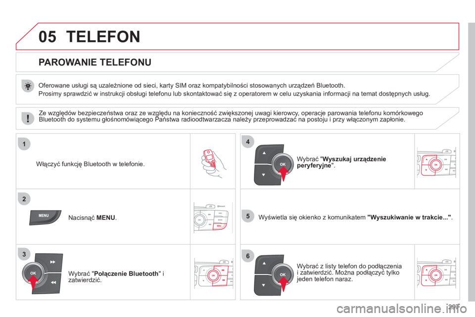 CITROEN C4 2013  Instrukcja obsługi (in Polish) 297
05
1
2
5
3
4
6
TELEFON 
   
 
 
 
 
 
 
 
 
PAROWANIE TELEFONU 
 
 Oferowane usługi są uzależnione od sieci, karty SIM oraz kompatybilności stosowanych urządzeń Bluetooth. 
  Prosimy sprawdz