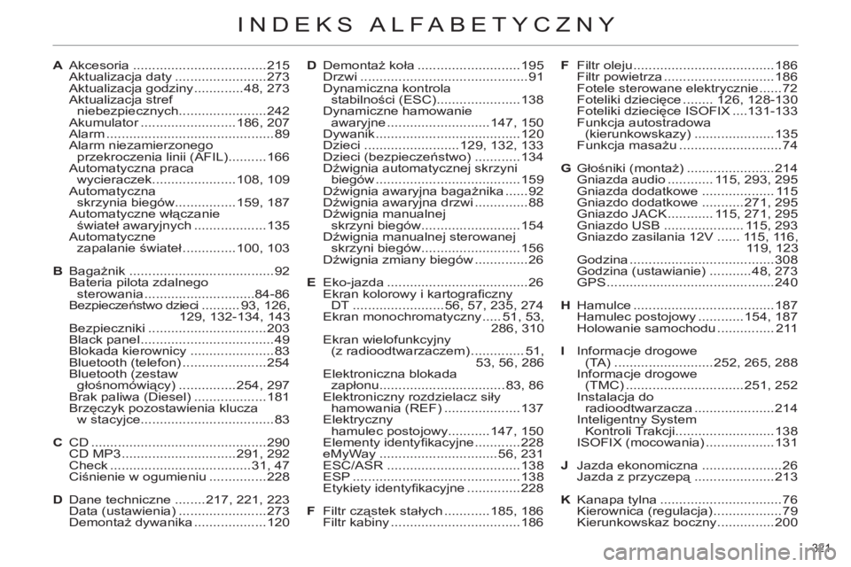 CITROEN C4 2013  Instrukcja obsługi (in Polish) 321 
INDEKS ALFABETYCZNY
A Akcesoria ...................................215
 Aktualizacja daty ........................273
  Aktualizacja godziny .............48, 273
 Aktualizacja stref 
niebezpieczn