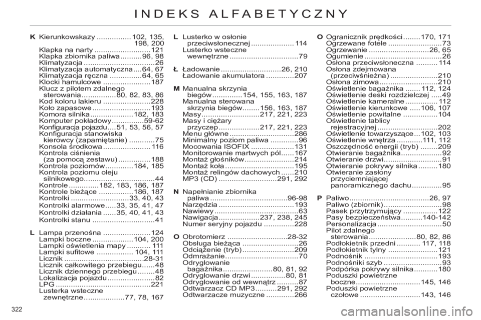 CITROEN C4 2013  Instrukcja obsługi (in Polish) 322 
INDEKS ALFABETYCZNY
K Kierunkowskazy ................ 102, 135, 
198, 200
  Klapka na narty ..........................121
  Klapka zbiornika paliwa ..........96, 98
 Klimatyzacja ................