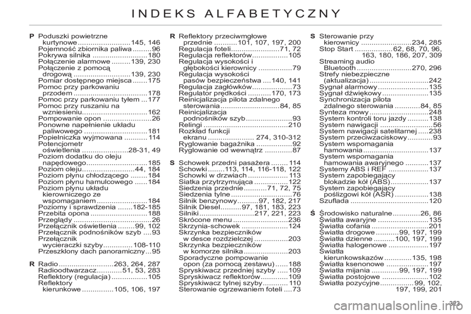 CITROEN C4 2013  Instrukcja obsługi (in Polish) 323 
INDEKS ALFABETYCZNY
P Poduszki powietrzne 
kurtynowe .........................145,  146
 Pojemność zbiornika paliwa .........96
 Pokrywa silnika ..........................180
 Połączenie alar