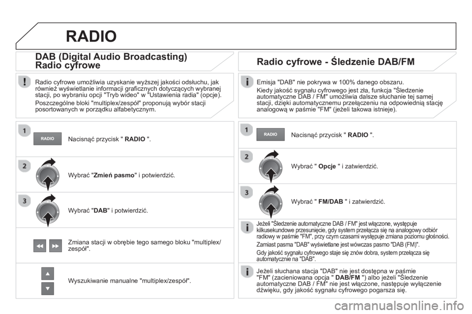 CITROEN C4 2013  Instrukcja obsługi (in Polish)    
Nacisnąć przycisk " RADIO".
 
 
 
 
 
 
DAB (Digital Audio Broadcasting) 
Radio cyfrowe 
(g(g
 
 
Radio cyfrowe umożliwia uzyskanie wyższej jakości odsłuchu, jak również wyświetlanie info