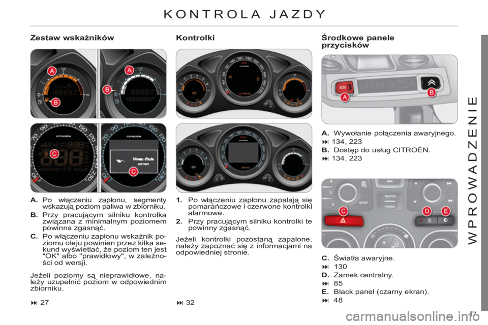 CITROEN C4 2011  Instrukcja obsługi (in Polish) 17 
WPROWADZENIE
  KONTROLA JAZDY 
 
 
Zestaw wskaźników   
KontrolkiŚrodkowe panele
przycisków 
   
 
A. 
 Po  włączeniu zapłonu, segmenty 
wskazują poziom paliwa w zbiorniku. 
   
B. 
 Przy 