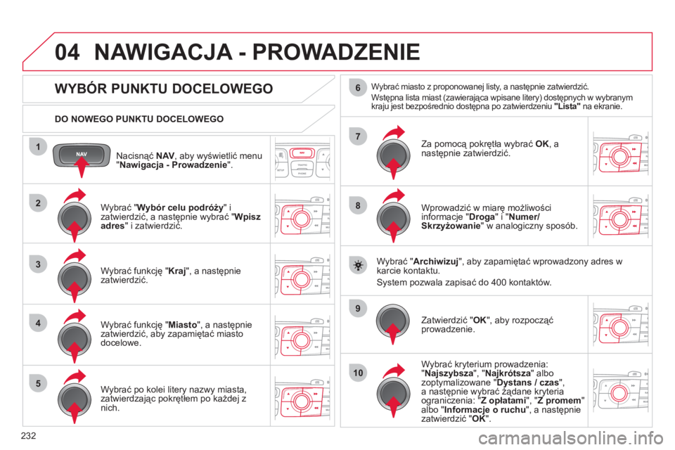 CITROEN C4 2011 Instrukcja obsługi (in Polish) 232
04
1
2
3
4
5
7
9
10
8
6
Nacisnąć NAV
, aby wyświetlić menu "Nawigacja - Prowadzenie".
DO NOWEGO PUNKTU DOCELOWEGO
NAWIGACJA - PROWADZENIE
WYBÓR PUNKTU DOCELOWE CITROEN C4 2011 Instrukcja obsługi (in Polish) 232
04
1
2
3
4
5
7
9
10
8
6
Nacisnąć NAV
, aby wyświetlić menu "Nawigacja - Prowadzenie".
DO NOWEGO PUNKTU DOCELOWEGO
NAWIGACJA - PROWADZENIE
WYBÓR PUNKTU DOCELOWE