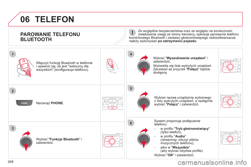 CITROEN C4 2011  Instrukcja obsługi (in Polish) 248
1
25
6
3
4
06
   
 
 
 
 
 
 
 
 
 
 
 
 
 
 
PAROWANIE TELEFONU 
BLUETOOTH    
Ze względów bezpieczeństwa oraz ze względu na konieczność zwiększenia uwagi ze strony kierowcy, operacje paro