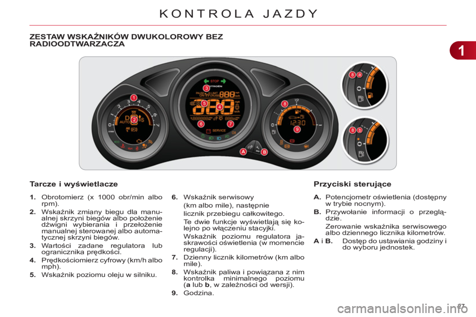 CITROEN C4 2011  Instrukcja obsługi (in Polish) 1
KONTROLA JAZDY
27 
ZESTAW WSKAŹNIKÓW DWUKOLOROWY BEZ 
RADIOODTWARZACZA 
   
Tarcze i w
yświetlacze 
 
 
 
1. 
  Obrotomierz (x 1000 obr/min albo 
rpm). 
   
2. 
 Wskaźnik zmiany biegu dla manu-
