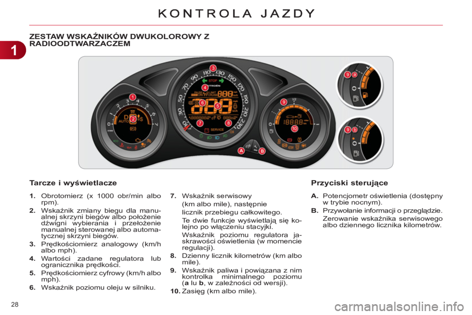 CITROEN C4 2011  Instrukcja obsługi (in Polish) 1
28 
   
 
 
 
 
 
 
 
 
 
 
 
ZESTAW WSKAŹNIKÓW DWUKOLOROWY Z 
RADIOODTWARZACZEM 
   
Tarcze i w
yświetlacze 
 
 
 
A. 
 Potencjometr oświetlenia (dostępny 
w trybie nocnym). 
   
B. 
 Przywoł