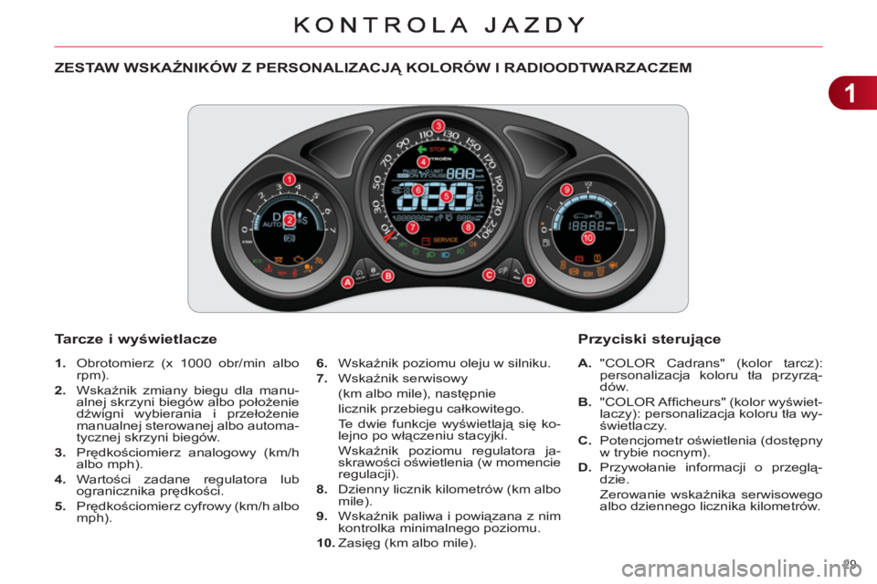 CITROEN C4 2011 Instrukcja obsługi (in Polish) 1
29
ZESTAW WSKAŹNIKÓW Z PERSONALIZACJĄ KOLORÓW I RADIOODTWARZACZEM
1.
Obrotomierz (x 1000 obr/min albo
rpm).
2.
Wskaźnik zmiany biegu dla manu-
alnej CITROEN C4 2011 Instrukcja obsługi (in Polish) 1
29
ZESTAW WSKAŹNIKÓW Z PERSONALIZACJĄ KOLORÓW I RADIOODTWARZACZEM
1.
Obrotomierz (x 1000 obr/min albo
rpm).
2.
Wskaźnik zmiany biegu dla manu-
alnej