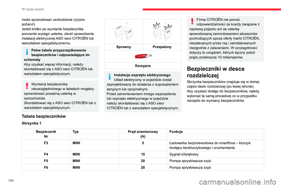 CITROEN C4 2021 Instrukcja obsługi (in Polish) 184
W razie awarii
może spowodować uszkodzenie (ryzyko
pożaru!).
Jeżeli krótko po wymianie bezpiecznika
ponownie wystąpi usterka, zlecić sprawdzenie
instalacji elektrycznej ASO sieci CITROË CITROEN C4 2021 Instrukcja obsługi (in Polish) 184
W razie awarii
może spowodować uszkodzenie (ryzyko
pożaru!).
Jeżeli krótko po wymianie bezpiecznika
ponownie wystąpi usterka, zlecić sprawdzenie
instalacji elektrycznej ASO sieci CITROË