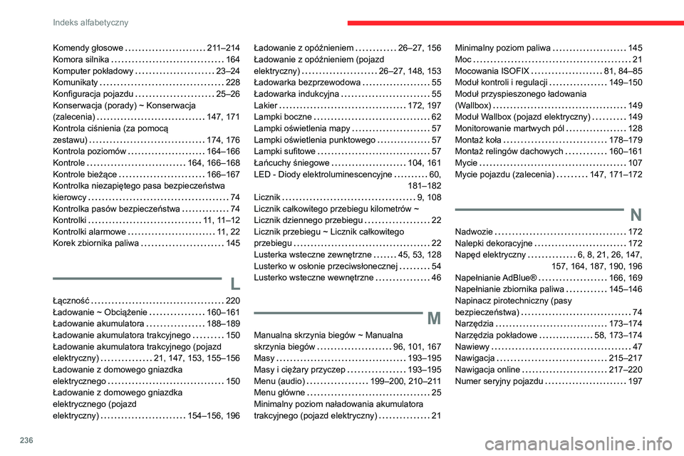 CITROEN C4 2021  Instrukcja obsługi (in Polish) 236
Indeks alfabetyczny
Komendy głosowe     211–214
Komora silnika     
164
Komputer pokładowy
    
23–24
Komunikaty
    
228
Konfiguracja pojazdu
    
25–26
Konserwacja (porady) ~ Konserwacja