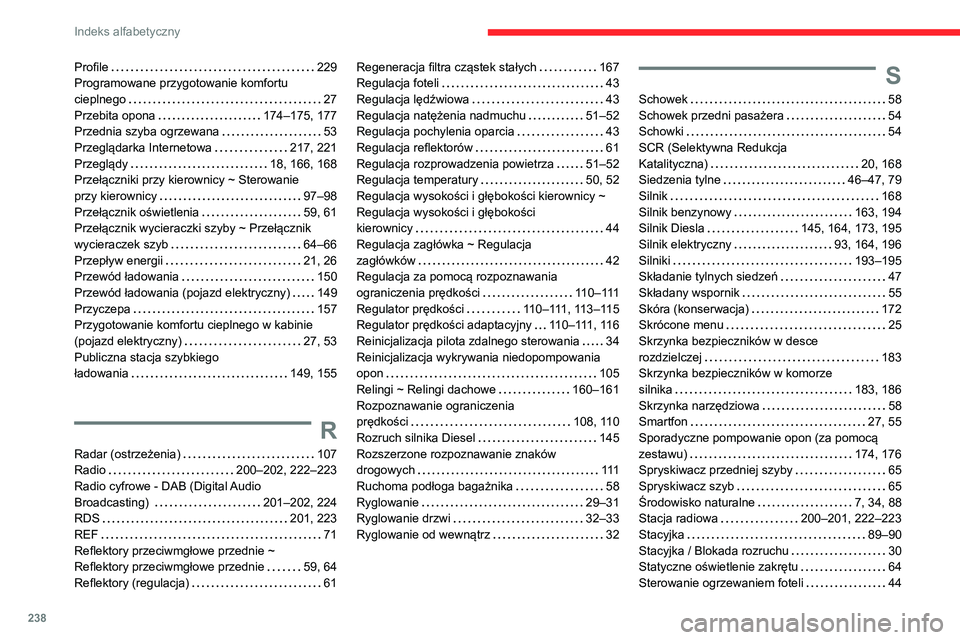 CITROEN C4 2021  Instrukcja obsługi (in Polish) 238
Indeks alfabetyczny
Profile    229
Programowane przygotowanie komfortu 
cieplnego
    
27
Przebita opona
    
174–175, 177
Przednia szyba ogrzewana
    
53
Przeglądarka Internetowa
    
217, 22