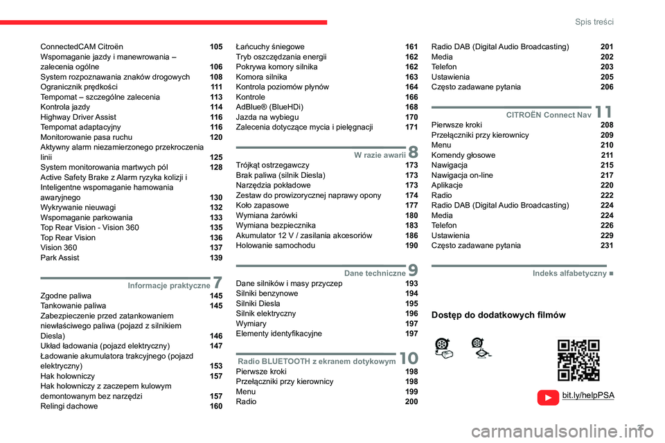 CITROEN C4 2021  Instrukcja obsługi (in Polish) 3
Spis treści
  
  
 
 
 
 
ConnectedCAM Citroën  105
Wspomaganie jazdy i manewrowania –   
zalecenia ogólne 
 106
System rozpoznawania znaków drogowych  108
Ogranicznik prędkości  111
Tempoma