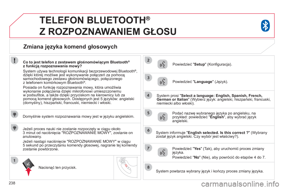 CITROEN C4 AIRCROSS 2016  Instrukcja obsługi (in Polish) 238
TELEFON BLUETOOTH®  
Z

 
ROZPOZNAWANIEM
 
GŁOSU
Domyślnie system rozpoznawania mowy jest w języku angielskim.
n

acisnąć ten przycisk. Powiedzieć "
Setup" ( k onfiguracja).
Powiedz