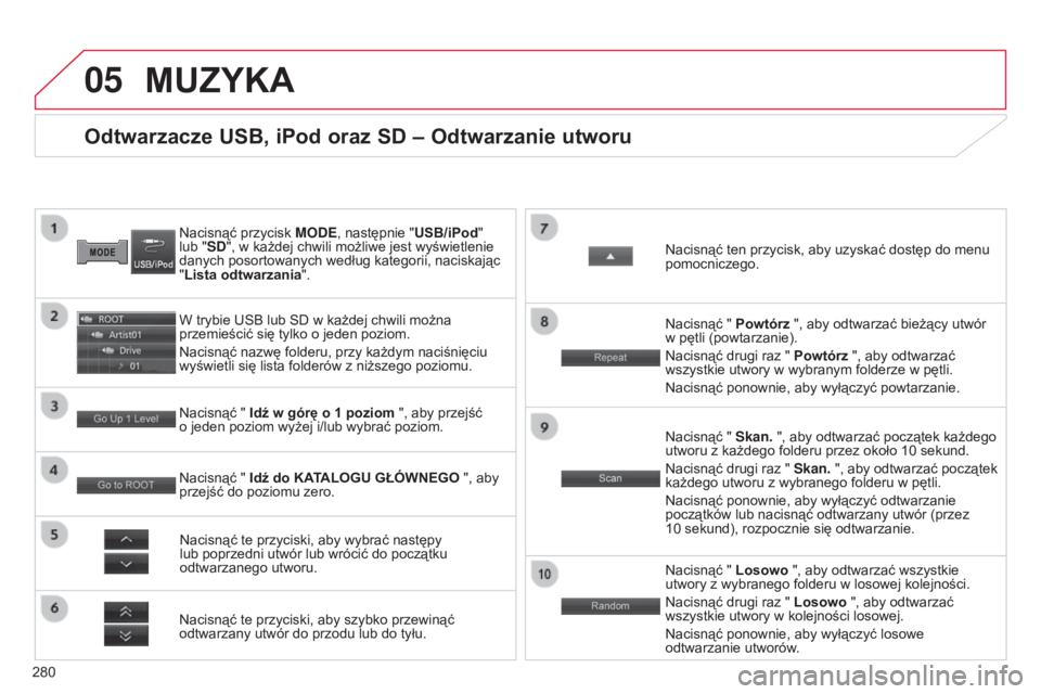 CITROEN C4 AIRCROSS 2016  Instrukcja obsługi (in Polish) 05
280
c4-aircross_pl_chap10b_Mitsu6_ed01-2014
Odtwarzacze USB, iPod oraz SD – Odtwarzanie utworu
nacisnąć przycisk MODE , następnie "USB/iPod" 
lub "SD", w każdej chwili możliw