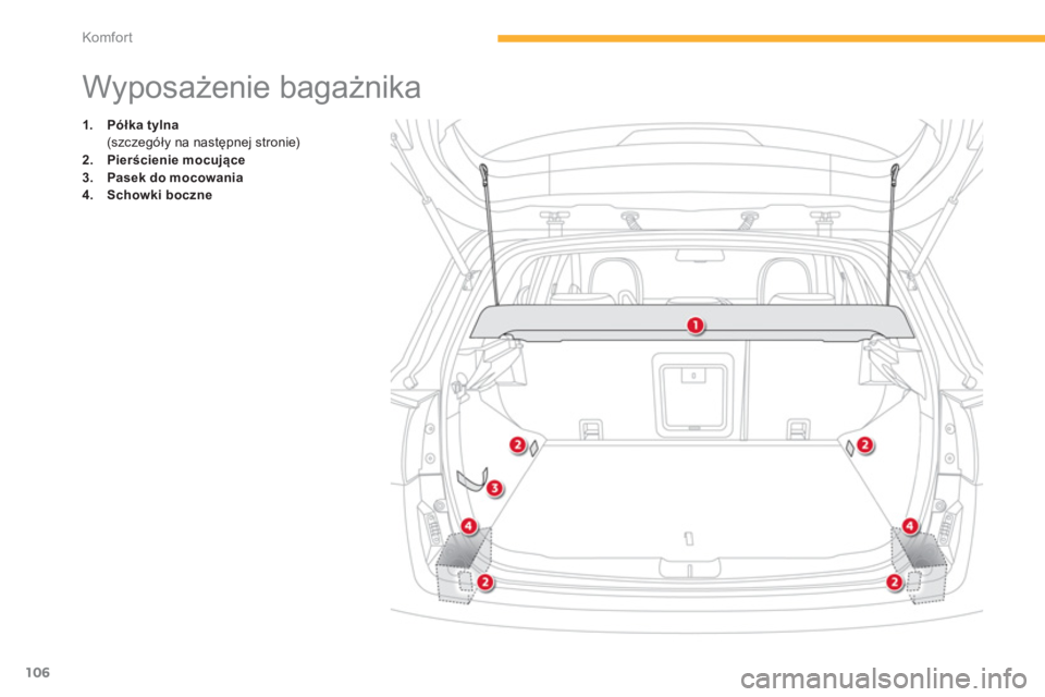 CITROEN C4 AIRCROSS 2014  Instrukcja obsługi (in Polish) 106
Komfor t
   
 
 
 
 
 
 
 
 
 
 
 
 
 
Wyposażenie bagażnika 
 
 
 
1. 
  Półka tylna 
   
 (szczegóły na następnej stronie) 
   
2. 
  Pierścienie mocujące 
 
   
3. 
  Pasek do mocowani