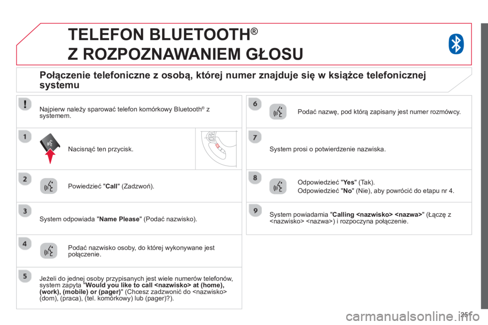 CITROEN C4 AIRCROSS 2014 Instrukcja obsługi (in Polish) 251
TELEFON BLUETOOTH ®
Z ROZPOZNAWANIEM GŁOSU
Powiedzieć " Call
" (Zadzwoń).
System odpowiada " Name Please
" (Podać nazwisko).
Połączenie telef CITROEN C4 AIRCROSS 2014 Instrukcja obsługi (in Polish) 251
TELEFON BLUETOOTH ®
Z ROZPOZNAWANIEM GŁOSU
Powiedzieć " Call
" (Zadzwoń).
System odpowiada " Name Please
" (Podać nazwisko).
Połączenie telef