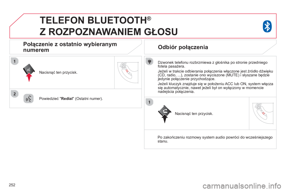 CITROEN C4 AIRCROSS 2014 Instrukcja obsługi (in Polish) 252
TELEFON BLUETOOTH ®
Z ROZPOZNAWANIEM GŁOSU
Dzwonek telefonu rozbrzmiewa z głośnika po stronie przedniego
fotela pasażera.
Jeżeli w trakcie odbierania połączenia włą CITROEN C4 AIRCROSS 2014 Instrukcja obsługi (in Polish) 252
TELEFON BLUETOOTH ®
Z ROZPOZNAWANIEM GŁOSU
Dzwonek telefonu rozbrzmiewa z głośnika po stronie przedniego
fotela pasażera.
Jeżeli w trakcie odbierania połączenia włą