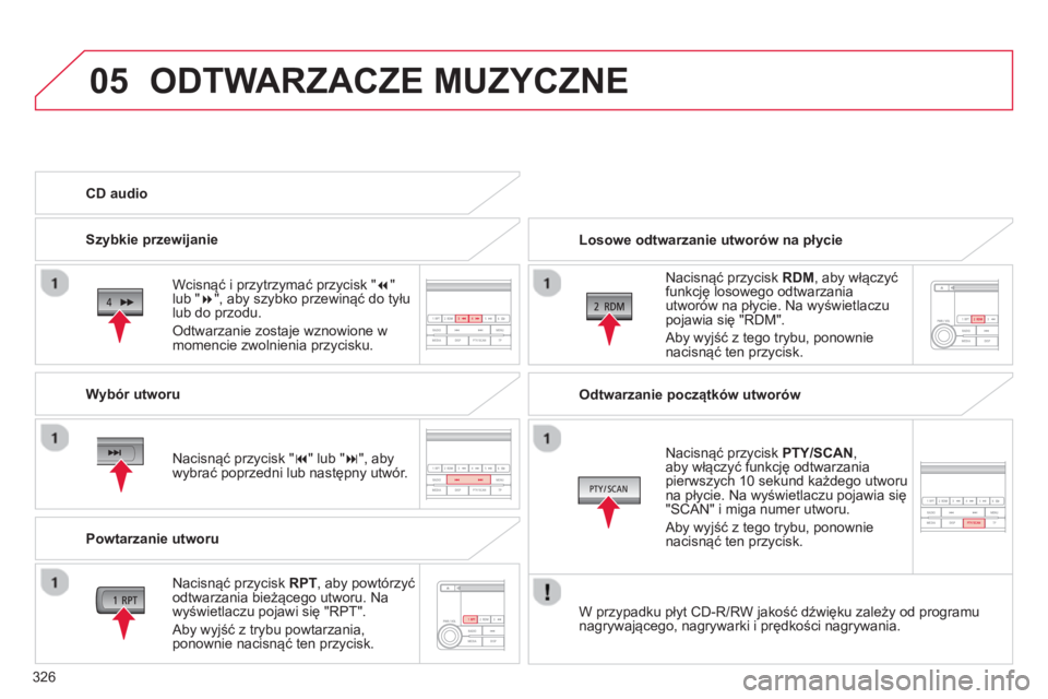 CITROEN C4 AIRCROSS 2014 Instrukcja obsługi (in Polish) 326
05 ODTWARZACZE MUZYCZNE
Losowe odtwarzanie utworów na płycie
Nacisnąć przycisk RDM
, aby włączyć
funkcję losowego odtwarzania
utworów na płycie. Na wyświetlaczu
pojawia CITROEN C4 AIRCROSS 2014 Instrukcja obsługi (in Polish) 326
05 ODTWARZACZE MUZYCZNE
Losowe odtwarzanie utworów na płycie
Nacisnąć przycisk RDM
, aby włączyć
funkcję losowego odtwarzania
utworów na płycie. Na wyświetlaczu
pojawia