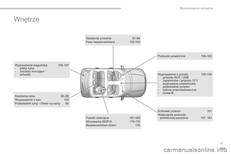 CITROEN C4 AIRCROSS 2014 Instrukcja obsługi (in Polish) .
343
Wyszukiwanie wizualne
Wnętrze
Wyposażenie bagażnika 10 6 -107
- półka tylna
- zaczepy mocujące
- schowki
Foteliki dziecięce 161-169
M o c o wa n i a CITROEN C4 AIRCROSS 2014 Instrukcja obsługi (in Polish) .
343
Wyszukiwanie wizualne
Wnętrze
Wyposażenie bagażnika 10 6 -107
- półka tylna
- zaczepy mocujące
- schowki
Foteliki dziecięce 161-169
M o c o wa n i a