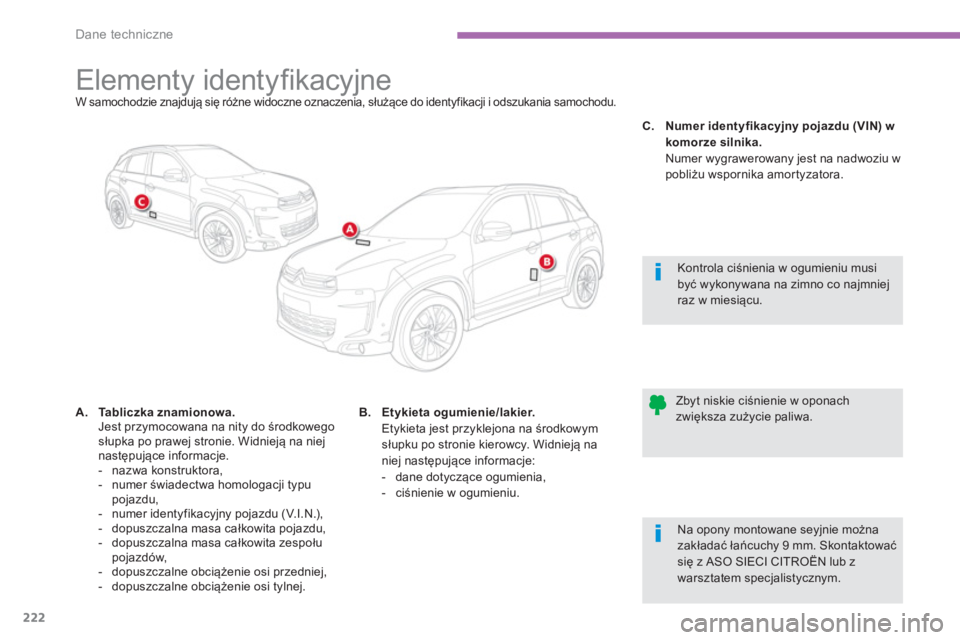 CITROEN C4 AIRCROSS 2013  Instrukcja obsługi (in Polish) 222
Dane techniczne
   
 
 
 
 
 
 
 
 
 
 
 
 
 
 
 
 
 
 
 
Elementy identyfikacyjne W samochodzie znajdują się różne widoczne oznaczenia, służące do identyfikacji i odszukania samochodu.  
A