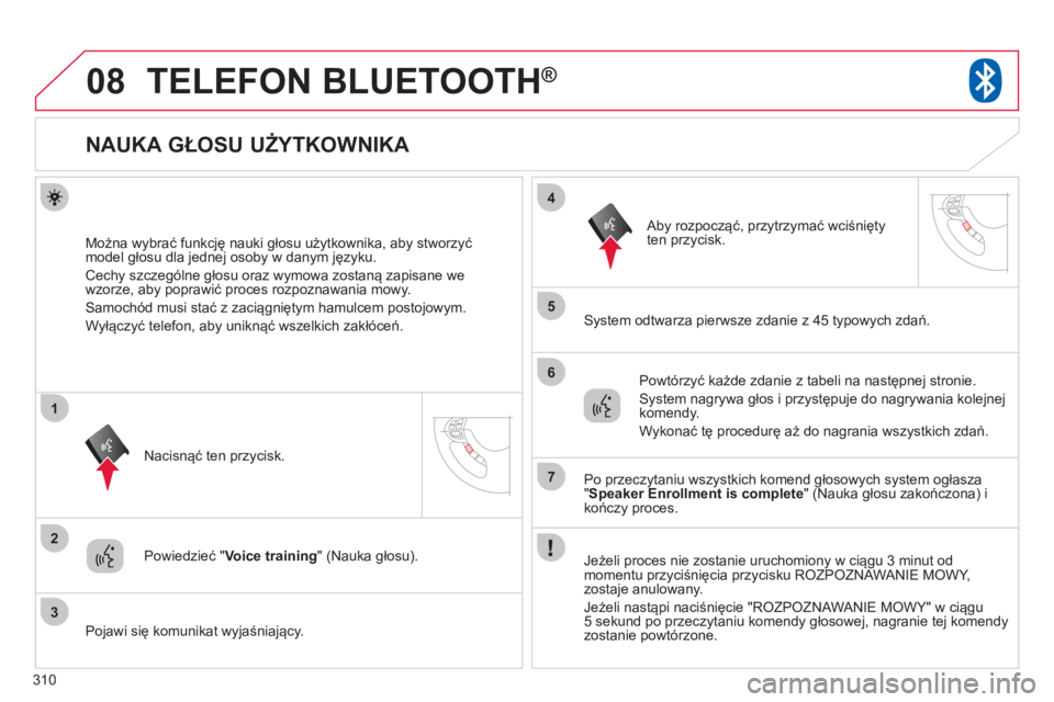 CITROEN C4 AIRCROSS 2013  Instrukcja obsługi (in Polish) 310
08
2
3
1
4
5
6
7
TELEFON BLUETOOTH®
   
 
 
 
 
 
 
 
 
 
 
 
 
 
 
 
 
 
NAUKA GŁOSU UŻYTKOWNIKA 
Można wybrać funkcję nauki głosu użytkownika, aby stworzyć
model głosu dla jednej osoby
