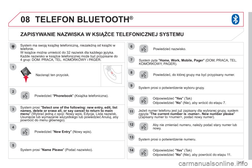 CITROEN C4 AIRCROSS 2013 Instrukcja obsługi (in Polish) 315
08
3
4
7
8
9
10
11
1
2
5
6
12
14
13
TELEFON BLUETOOTH®
System ma swoją książkę telefoniczną, niezależną od książki w
telefonie.
W książce można umieścić do 32 nazwisk dla każdego CITROEN C4 AIRCROSS 2013 Instrukcja obsługi (in Polish) 315
08
3
4
7
8
9
10
11
1
2
5
6
12
14
13
TELEFON BLUETOOTH®
System ma swoją książkę telefoniczną, niezależną od książki w
telefonie.
W książce można umieścić do 32 nazwisk dla każdego