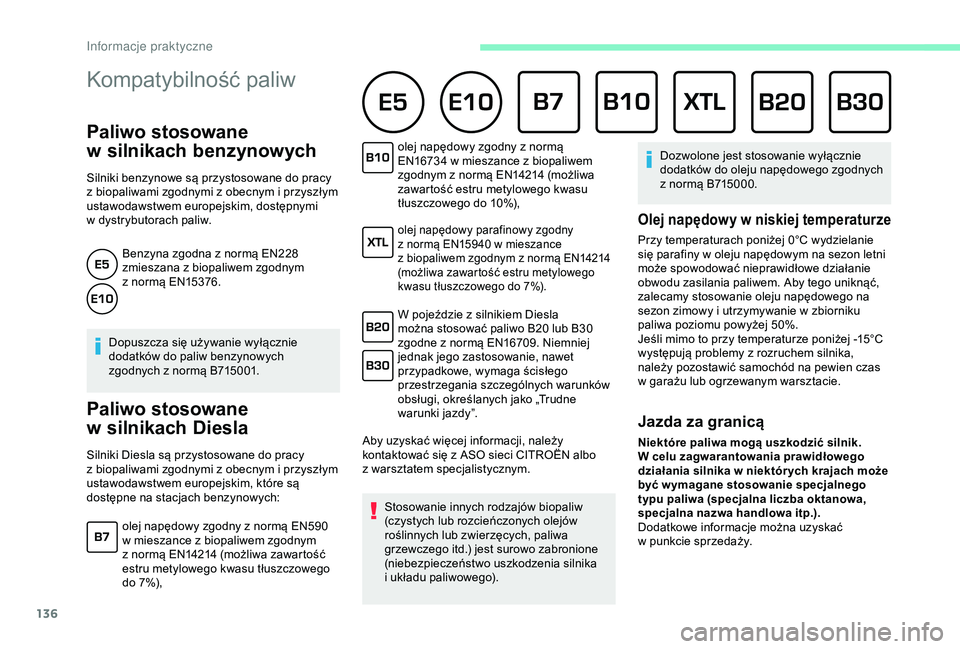 CITROEN C4 CACTUS 2019 Instrukcja obsługi (in Polish) 136
Kompatybilność paliw
Paliwo stosowane
w
s
ilnikach benzynowych
Silniki benzynowe są przystosowane do pracy
z
biopaliwami zgodnymi z obecnym i przyszłym
ustawodawstwem europejskim, d CITROEN C4 CACTUS 2019 Instrukcja obsługi (in Polish) 136
Kompatybilność paliw
Paliwo stosowane
w
s
ilnikach benzynowych
Silniki benzynowe są przystosowane do pracy
z
biopaliwami zgodnymi z obecnym i przyszłym
ustawodawstwem europejskim, d