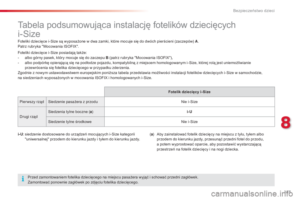 CITROEN C4 CACTUS 2015 Instrukcja obsługi (in Polish) 153
c4-cactus_pl_ chap08_securite-enfants_ed02-2014
tabela podsumowująca instalację fotelików dziecięcych
i-
si
ze
Foteliki dziecięce i-si ze są wyposażone w dwa zamki, które mocuje się do CITROEN C4 CACTUS 2015 Instrukcja obsługi (in Polish) 153
c4-cactus_pl_ chap08_securite-enfants_ed02-2014
tabela podsumowująca instalację fotelików dziecięcych
i-
si
ze
Foteliki dziecięce i-si ze są wyposażone w dwa zamki, które mocuje się do