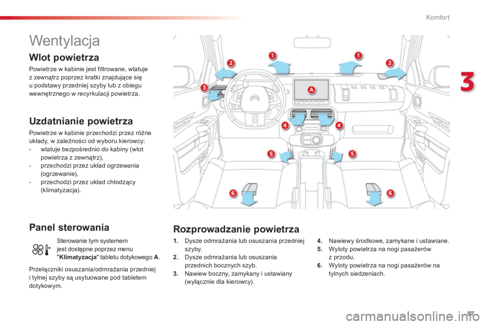 CITROEN C4 CACTUS 2015 Instrukcja obsługi (in Polish) 57
c4-cactus_pl_ chap03_confort_ed02-2014
Wentylacja
Wlot powietrza
Powietrze w kabinie jest filtrowane, wlatuje
z zewnątrz poprzez kratki znajdujące się
u podstawy przedniej szyby lub z obiegu
CITROEN C4 CACTUS 2015 Instrukcja obsługi (in Polish) 57
c4-cactus_pl_ chap03_confort_ed02-2014
Wentylacja
Wlot powietrza
Powietrze w kabinie jest filtrowane, wlatuje
z zewnątrz poprzez kratki znajdujące się
u podstawy przedniej szyby lub z obiegu