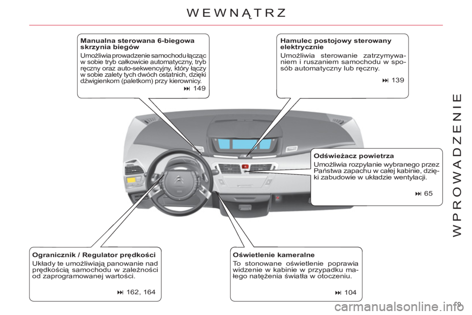CITROEN C4 PICASSO 2013 Instrukcja obsługi (in Polish) 9
WPROWADZENIE
Manualna sterowana 6-biegowa
skrzynia biegów
Umożliwia prowadzenie samochodu łącząc
w sobie tryb całkowicie automatyczny, tryb
ręczny oraz auto-sekwencyjny, który ł CITROEN C4 PICASSO 2013 Instrukcja obsługi (in Polish) 9
WPROWADZENIE
Manualna sterowana 6-biegowa
skrzynia biegów
Umożliwia prowadzenie samochodu łącząc
w sobie tryb całkowicie automatyczny, tryb
ręczny oraz auto-sekwencyjny, który ł
