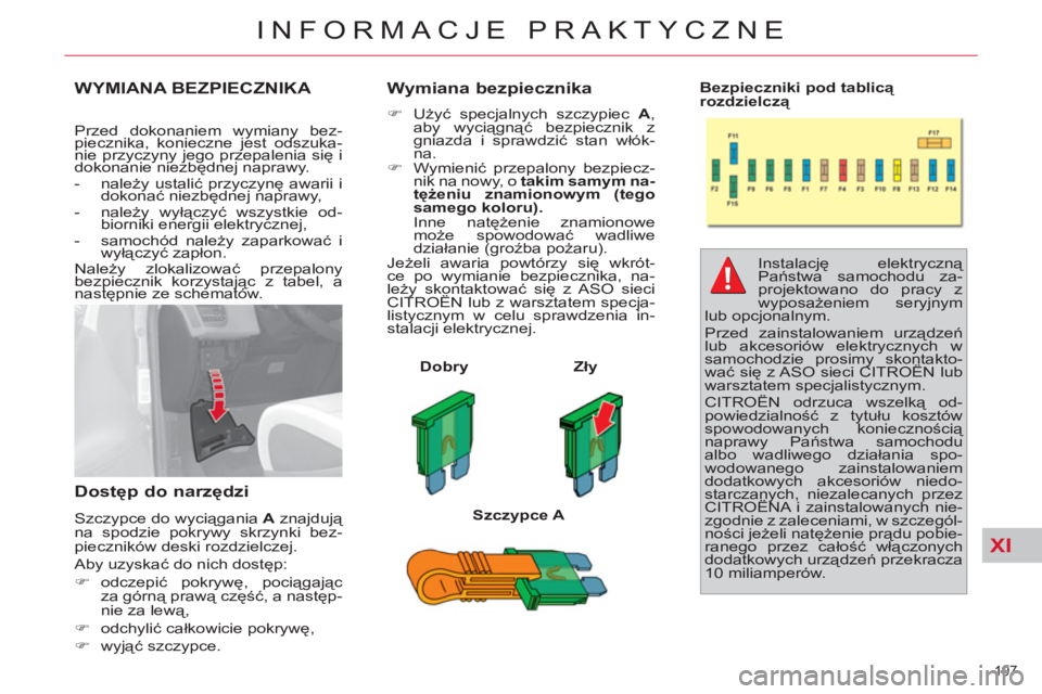 CITROEN C4 PICASSO 2013  Instrukcja obsługi (in Polish) XI
197 
INFORMACJE PRAKTYCZNE
WYMIANA BEZPIECZNIKA 
   
Przed dokonaniem wymiany bez-
piecznika, konieczne jest odszuka-
nie przyczyny jego przepalenia się i 
dokonanie niezbędnej naprawy. 
   
 
- 