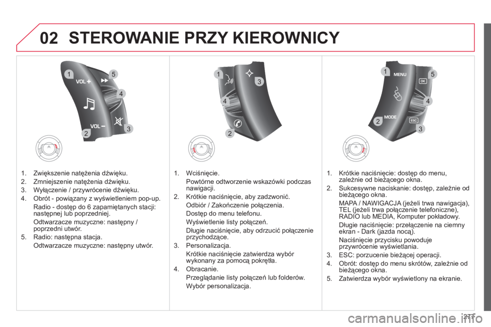 CITROEN C4 PICASSO 2013  Instrukcja obsługi (in Polish) 277
02
32
15
4
2
1
32
15
4
3
4
  STEROWANIE PRZY KIEROWNICY 
1.  Zwiększenie natężenia dźwięku.
2.  Zmniejszenie natężenia dźwięku.
3.  Wyłączenie 
/ przywrócenie dźwięku. 
4.  
Obrót -