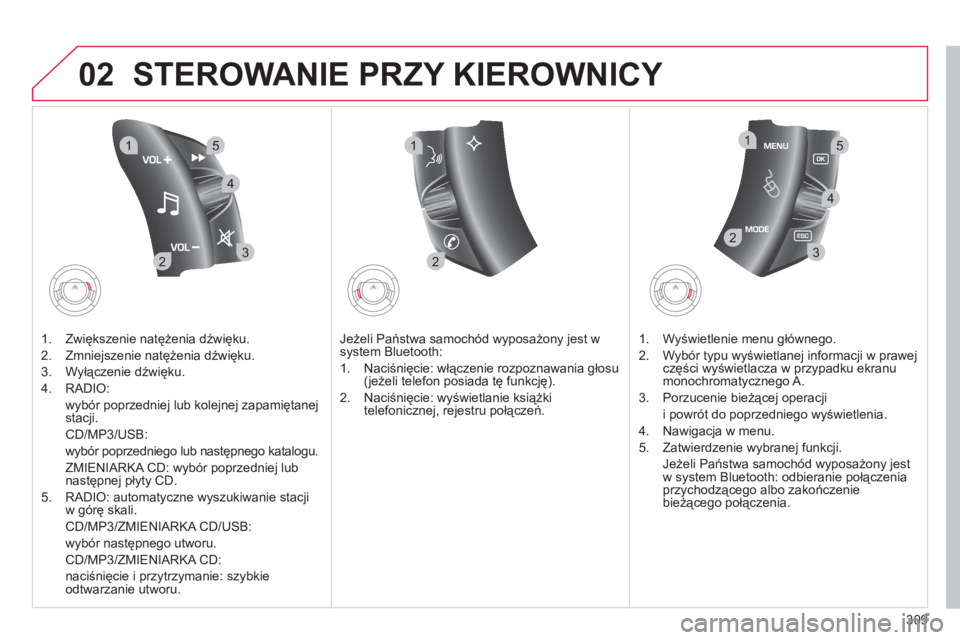 CITROEN C4 PICASSO 2013 Instrukcja obsługi (in Polish) 309
02
32
15
4
2
1
32
15
4
STEROWANIE PRZY KIEROWNICY
1. Zwiększenie natężenia dźwięku.
2. Zmniejszenie natężenia dźwięku.
3. Wyłączenie dźwięku.
4. RADI
O:
wyb
ór poprzedniej lub CITROEN C4 PICASSO 2013 Instrukcja obsługi (in Polish) 309
02
32
15
4
2
1
32
15
4
STEROWANIE PRZY KIEROWNICY
1. Zwiększenie natężenia dźwięku.
2. Zmniejszenie natężenia dźwięku.
3. Wyłączenie dźwięku.
4. RADI
O:
wyb
ór poprzedniej lub