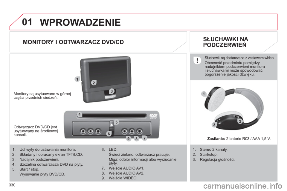 CITROEN C4 PICASSO 2013 Instrukcja obsługi (in Polish) 330
01
12
89
6
3
3
4
1
7
52
WPROWADZENIE
MONITORY I ODTWARZACZ DVD/CD
SŁUCHAWKI NA
PODCZERWIEŃ
Monitory są usytuowane w górnejczęści przednich siedzeń.
Odtwarzacz DVD/CD jes CITROEN C4 PICASSO 2013 Instrukcja obsługi (in Polish) 330
01
12
89
6
3
3
4
1
7
52
WPROWADZENIE
MONITORY I ODTWARZACZ DVD/CD
SŁUCHAWKI NA
PODCZERWIEŃ
Monitory są usytuowane w górnejczęści przednich siedzeń.
Odtwarzacz DVD/CD jes