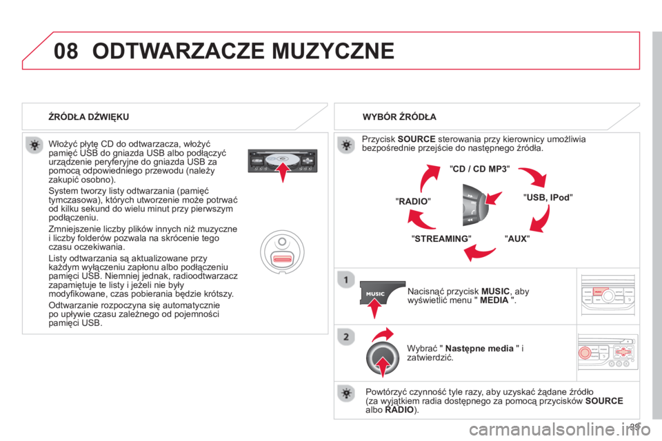 CITROEN C4 PICASSO 2013  Instrukcja obsługi (in Polish) 39
08ODTWARZACZE MUZYCZNE 
   
Włożyć płytę CD do odtwarzacza, włożyć pamięć USB do gniazda USB albo podłączyć 
urządzenie peryferyjne do gniazda USB za pomocą odpowiedniego przewodu (n