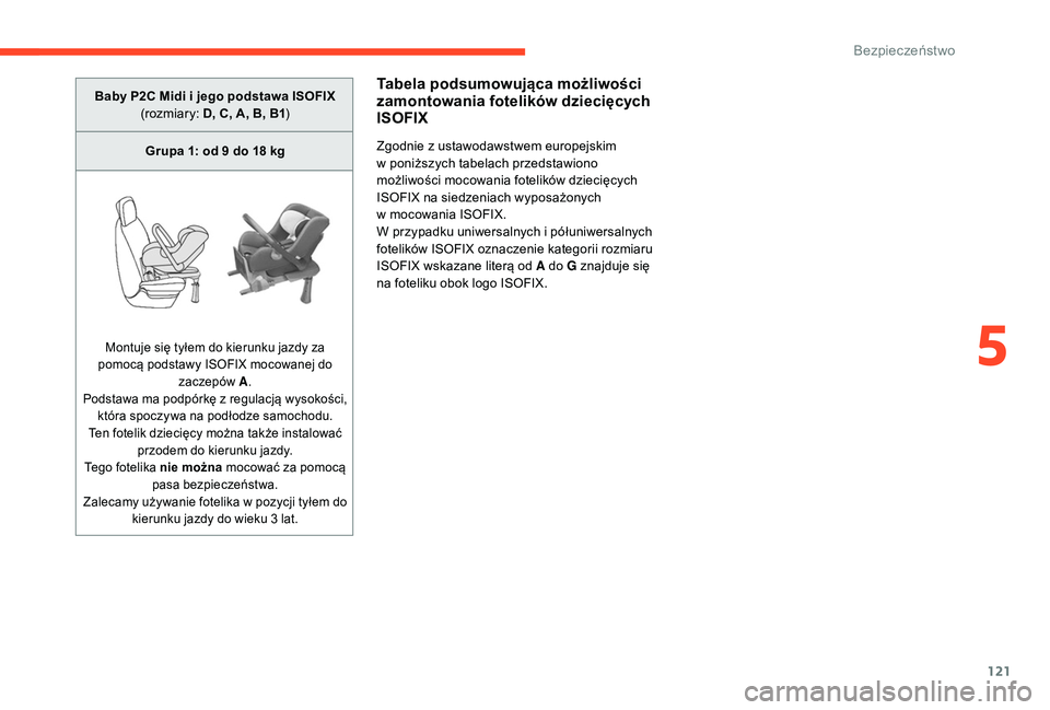 CITROEN C4 SPACETOURER 2021 Instrukcja obsługi (in Polish) 121
Baby P2C Midi i jego podstawa ISOFIX
( rozmiary: D, C, A, B, B1 )
Grupa 1: od 9
do 18 kg
Montuje się tyłem do kierunku jazdy za
pomocą podstawy ISOFIX mocowanej do zaczepów A.
Podstawa CITROEN C4 SPACETOURER 2021 Instrukcja obsługi (in Polish) 121
Baby P2C Midi i jego podstawa ISOFIX
( rozmiary: D, C, A, B, B1 )
Grupa 1: od 9
do 18 kg
Montuje się tyłem do kierunku jazdy za
pomocą podstawy ISOFIX mocowanej do zaczepów A.
Podstawa