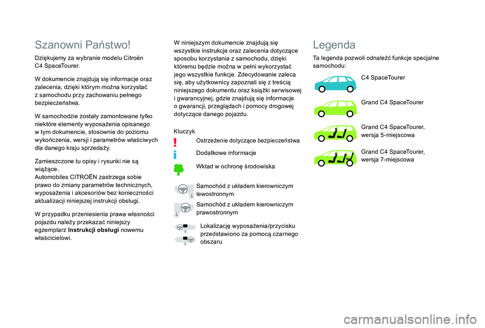 CITROEN C4 SPACETOURER 2021  Instrukcja obsługi (in Polish) Szanowni Państwo!
Dziękujemy za wybranie modelu Citroën 
C4  SpaceTourer. W niniejszym dokumencie znajdują się 
wszystkie instrukcje oraz zalecenia dotyczące 
sposobu korzystania z
  samochodu, 