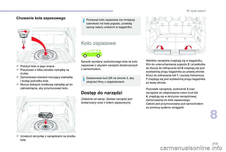 CITROEN C4 SPACETOURER 2021 Instrukcja obsługi (in Polish) 213
Chowanie koła zapasowegoPonieważ koło zapasowe ma mniejszą
szerokość niż koła pojazdu, przebitą
oponę należy umieścić w bagażniku.
F
P
ołożyć koło w
jego wnęce.
F
P
o CITROEN C4 SPACETOURER 2021 Instrukcja obsługi (in Polish) 213
Chowanie koła zapasowegoPonieważ koło zapasowe ma mniejszą
szerokość niż koła pojazdu, przebitą
oponę należy umieścić w bagażniku.
F
P
ołożyć koło w
jego wnęce.
F
P
o